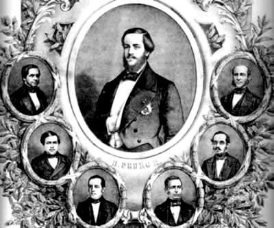 Um retrato do imperador Dom Pedro II e dos políticos integrantes do "Ministério da Conciliação".